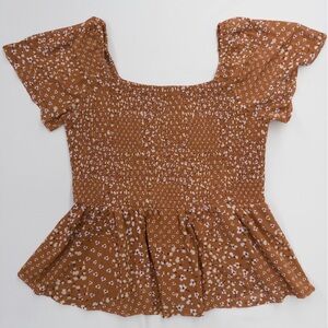 Ember Smocked Floral Ruffle Sleeve Brown Floral Top Cottagecore Size XL